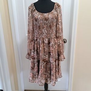 Long Sleeve Floral Smocked Waist Dress Womens Large Pink Brown Boho Flowy Light